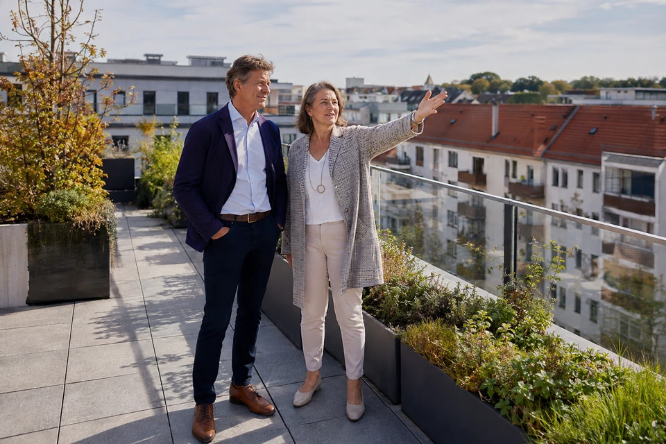 Symbolisches Immobiliengespräch auf einer städtischen Dachterrasse